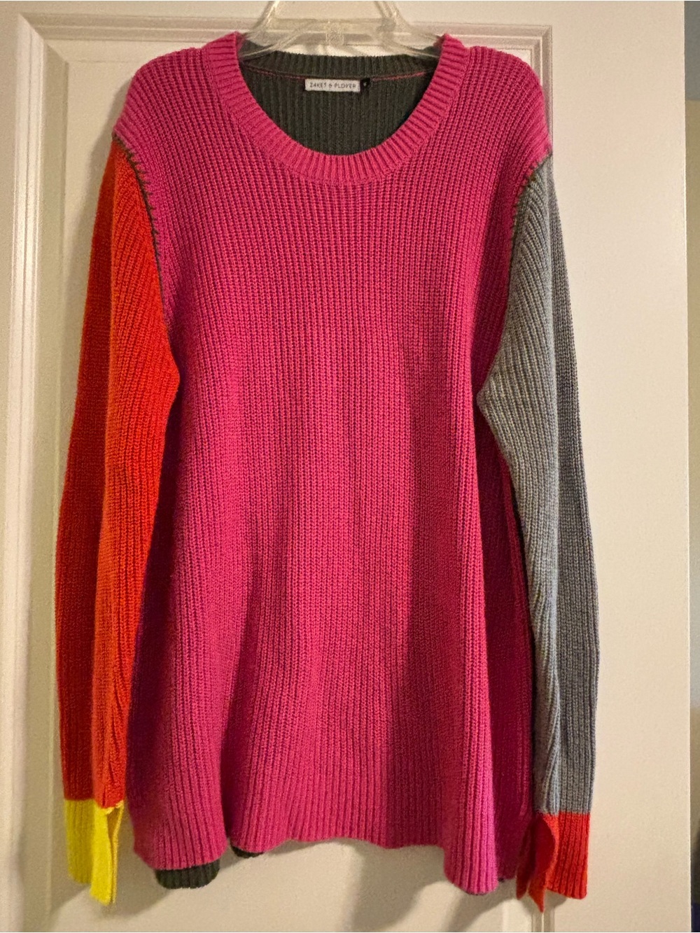 Colorblock Crewneck Sweater in Hot Pink with Orange & Gray Sleeves